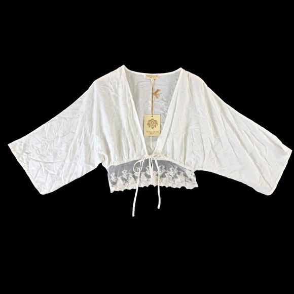 Rebellion Again Tops - Rebellion Again White Cropped Kimono Sleeve Lace Trim Tie Front Top Small NWT